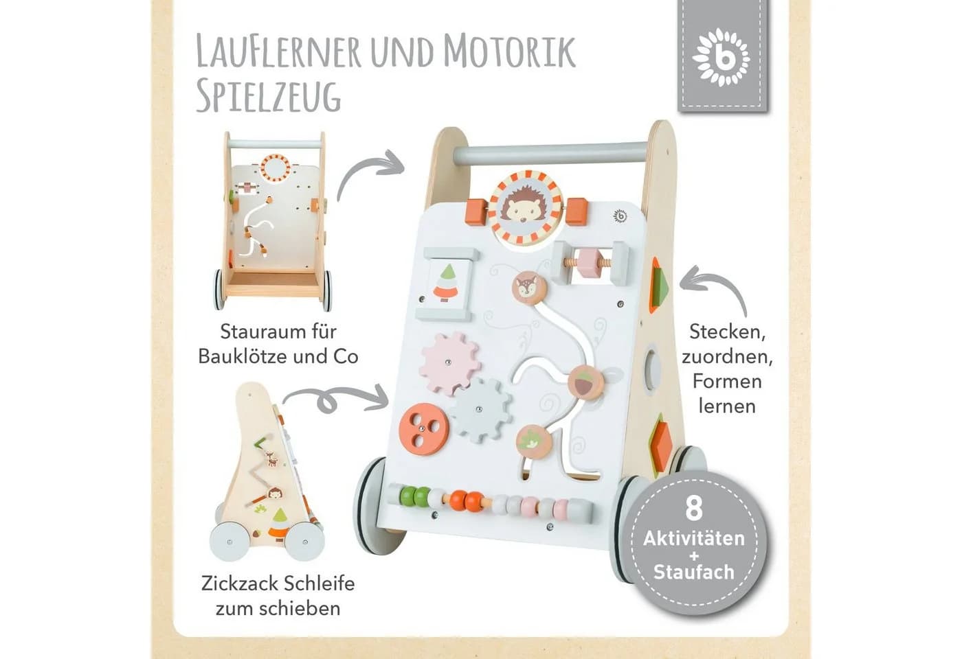 BIECO Lauflernwagen Holz ab 1 Jahr Multifunktionale Baby Lauflernhilfe mit Gummibereifung - Bild 3