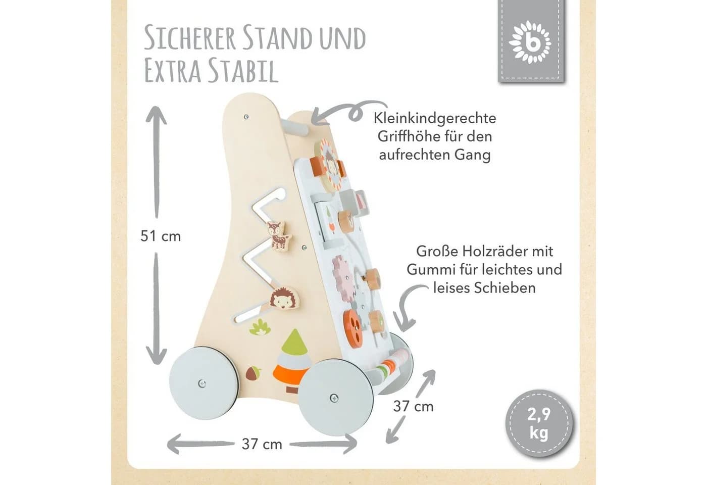 BIECO Lauflernwagen Holz ab 1 Jahr Multifunktionale Baby Lauflernhilfe mit Gummibereifung - Bild 4