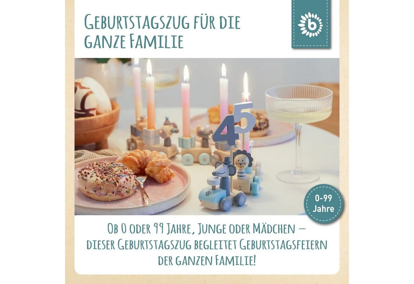 BIECO Holz Geburtstagszug Scandi Look 31 tlg. Zahlenzug mit Tierfiguren