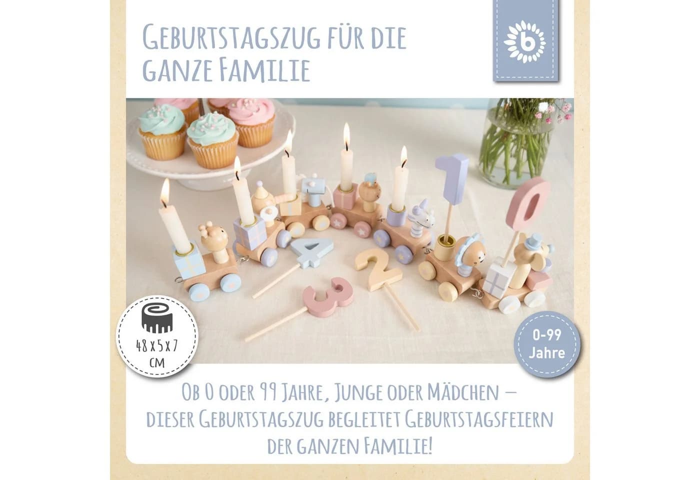 BIECO Geburtstagszug Holz Candy Look mit 27 Kerzen Halterung