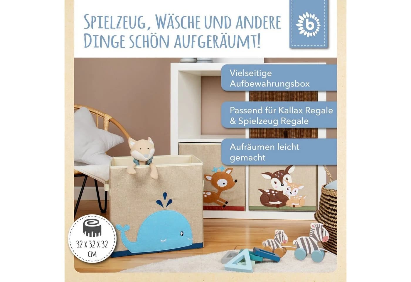BIECO Spielzeugtruhe Kinder Aufbewahrungsbox Wal 36L Beige Faltbar