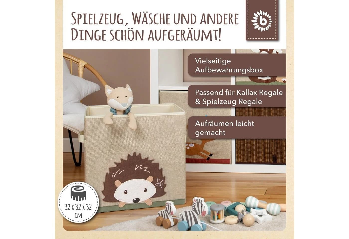 BIECO Spielzeugtruhe Igel 36L Faltbar Aufbewahrungsbox Beige
