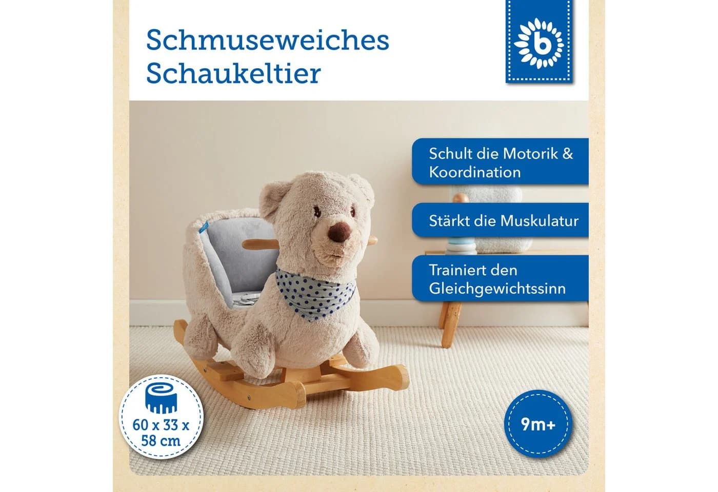 BIECO Schaukeltier Bär Creme Plüsch 62x30x48 cm
