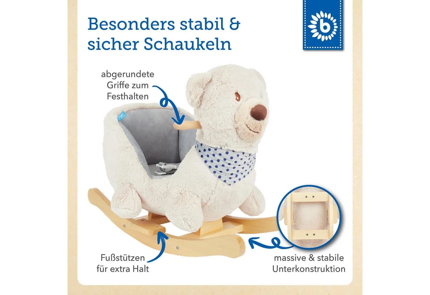 BIECO Schaukeltier Bär Creme Plüsch 62x30x48 cm - Bild 4