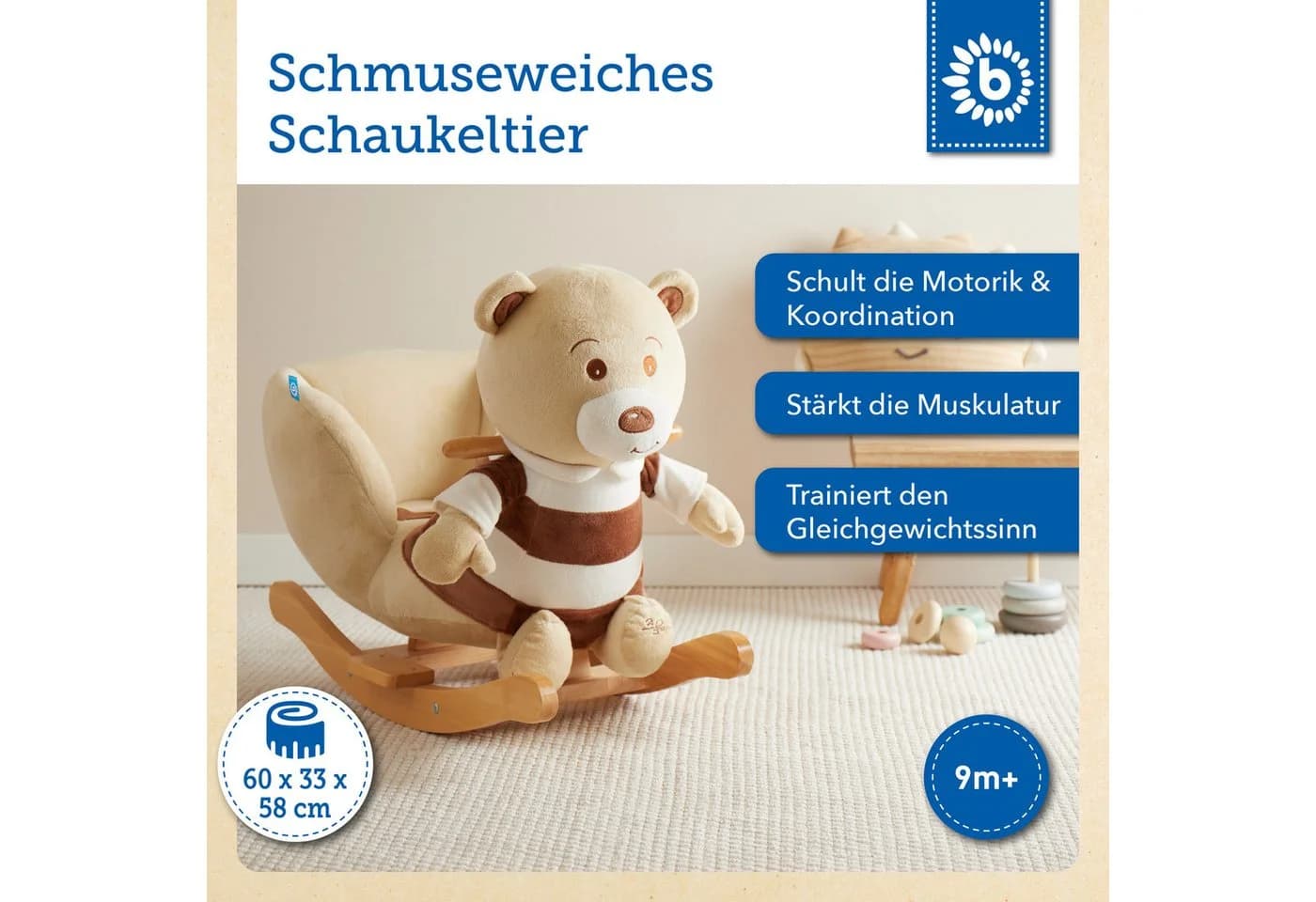 BIECO Schaukeltier Bär Bubu Plüsch mit Holzgestell