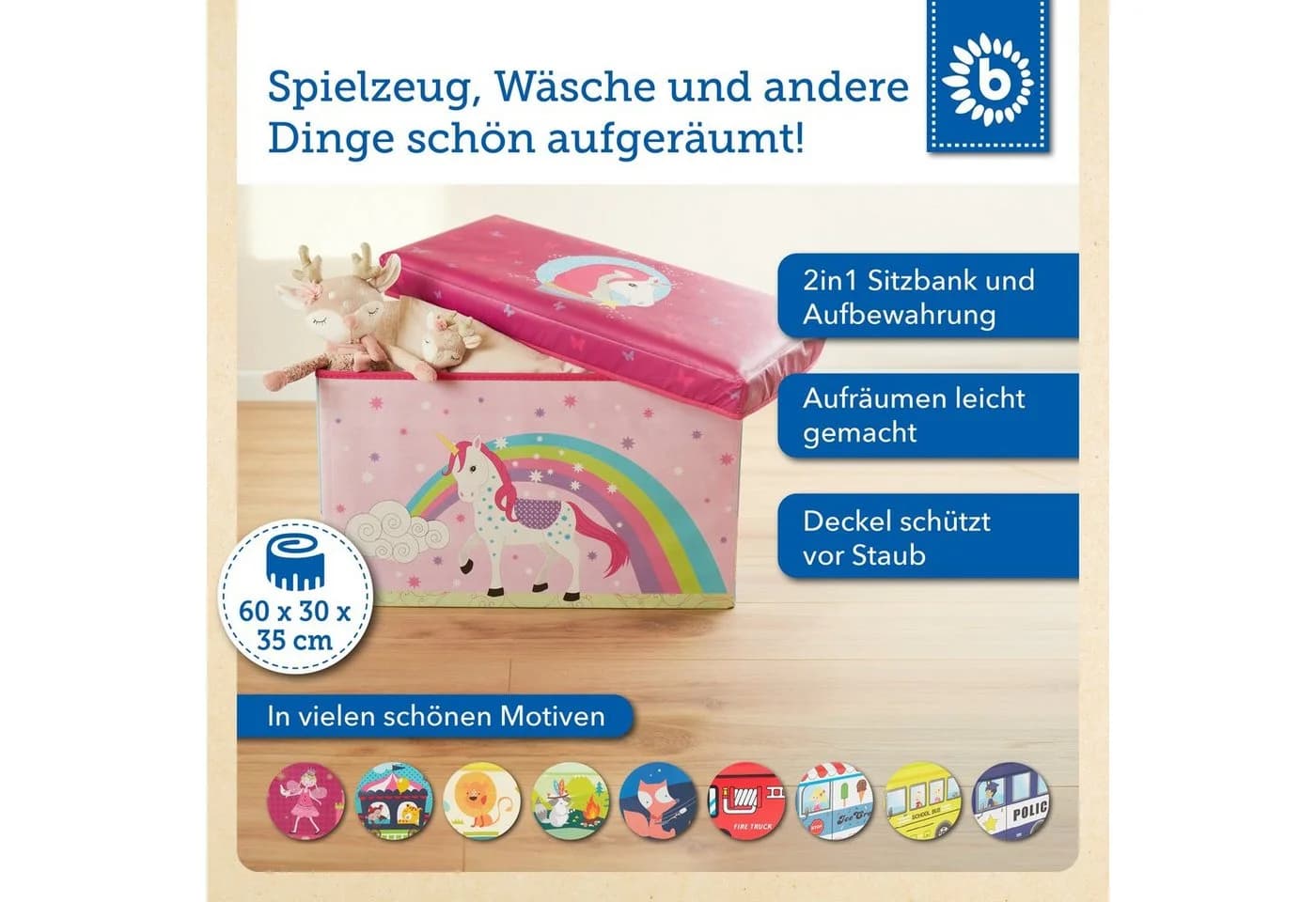 BIECO Spielzeugtruhe Aufbewahrungsbox mit Deckel Einhorn Rosa 60L