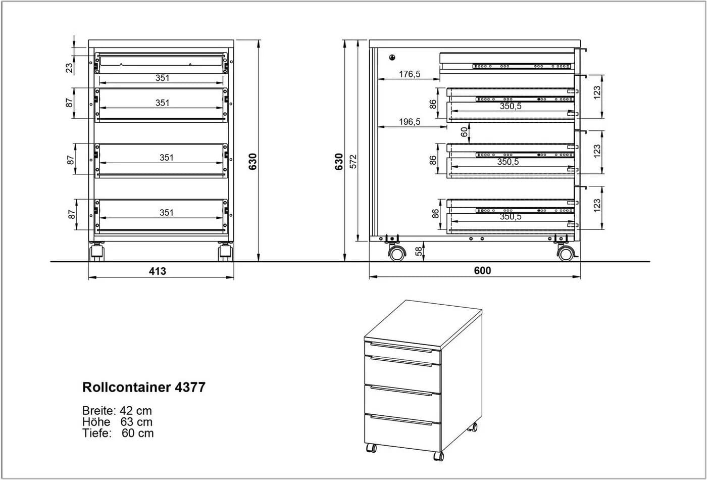 Germania Rollcontainer Mailand Grau 4 Schubladen Rollwagen - Bild 4