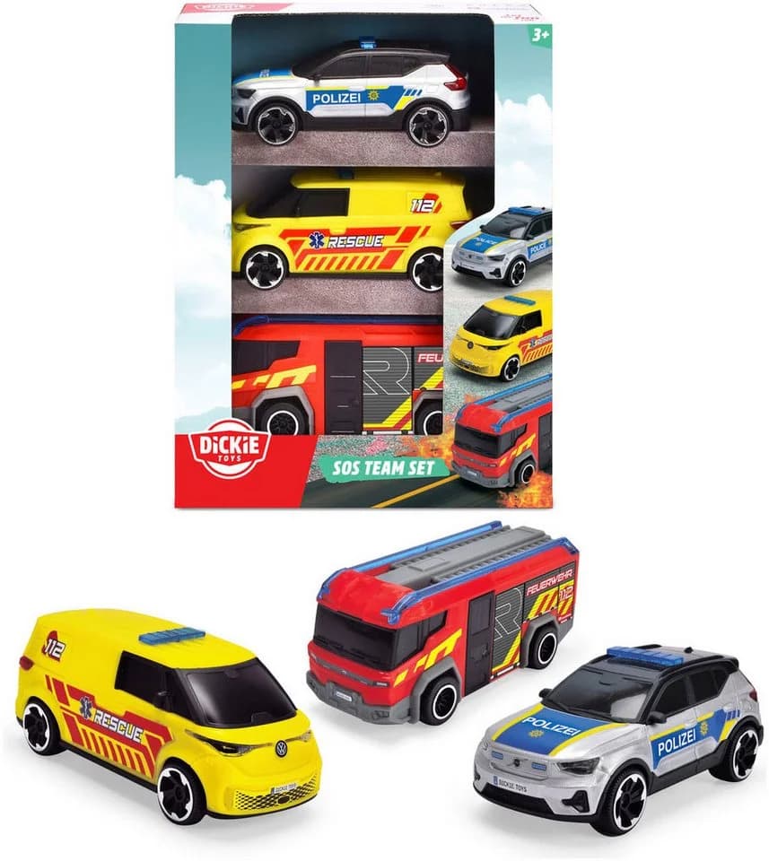 Dickie Toys SOS Team 3er-Set Spielzeugautos Feuerwehr Polizei Krankenwagen - Bild 2