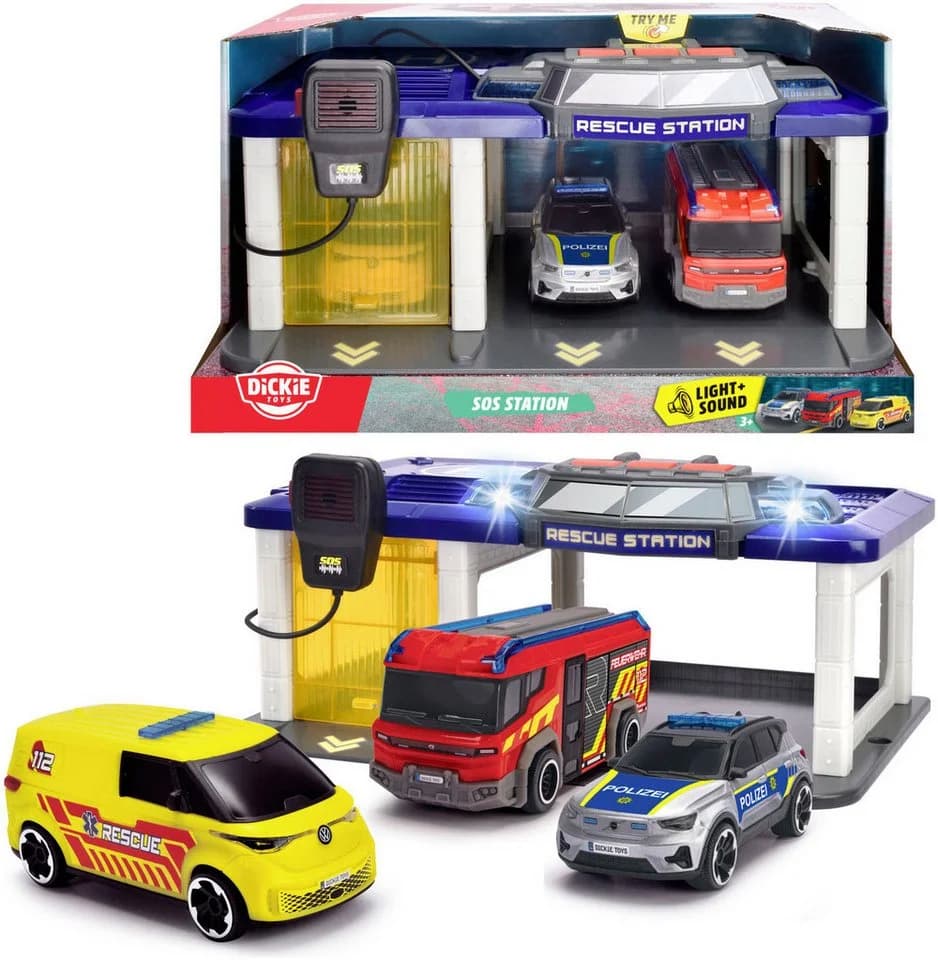 Dickie Toys S.O.S Station Spiel-Gebäude mit 3 Fahrzeugen und Licht Sound