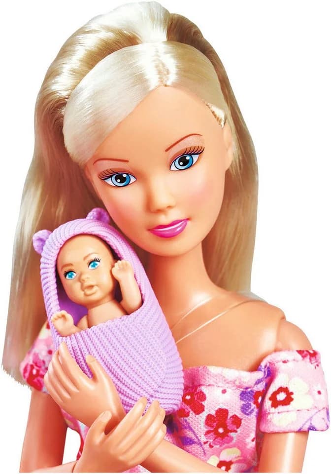 SIMBA Anziehpuppe Steffi Love Hello Baby mit wachsendem Bauch und Babybett