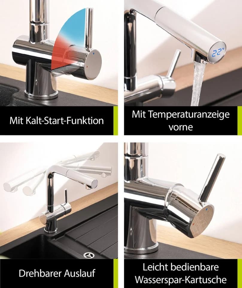aquaSu Spültischarmatur Naturi mit ausziehbarer Brause und Temperaturanzeige - Bild 3