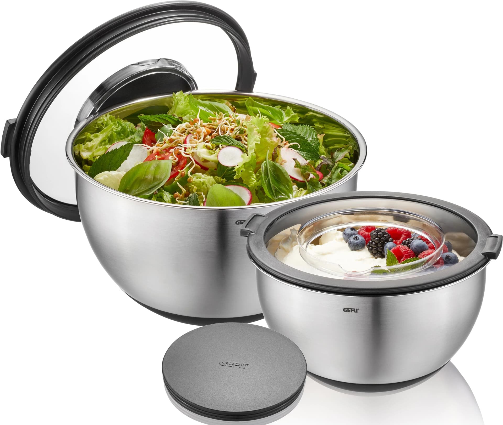 GEFU Rührschüssel MUOVO Edelstahl 2er-Set mit Spritzschutzdeckel