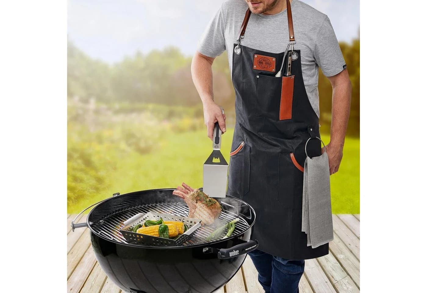 GEFU Grillschürze BBQ Schwarz Braun Silber Lederapplikation