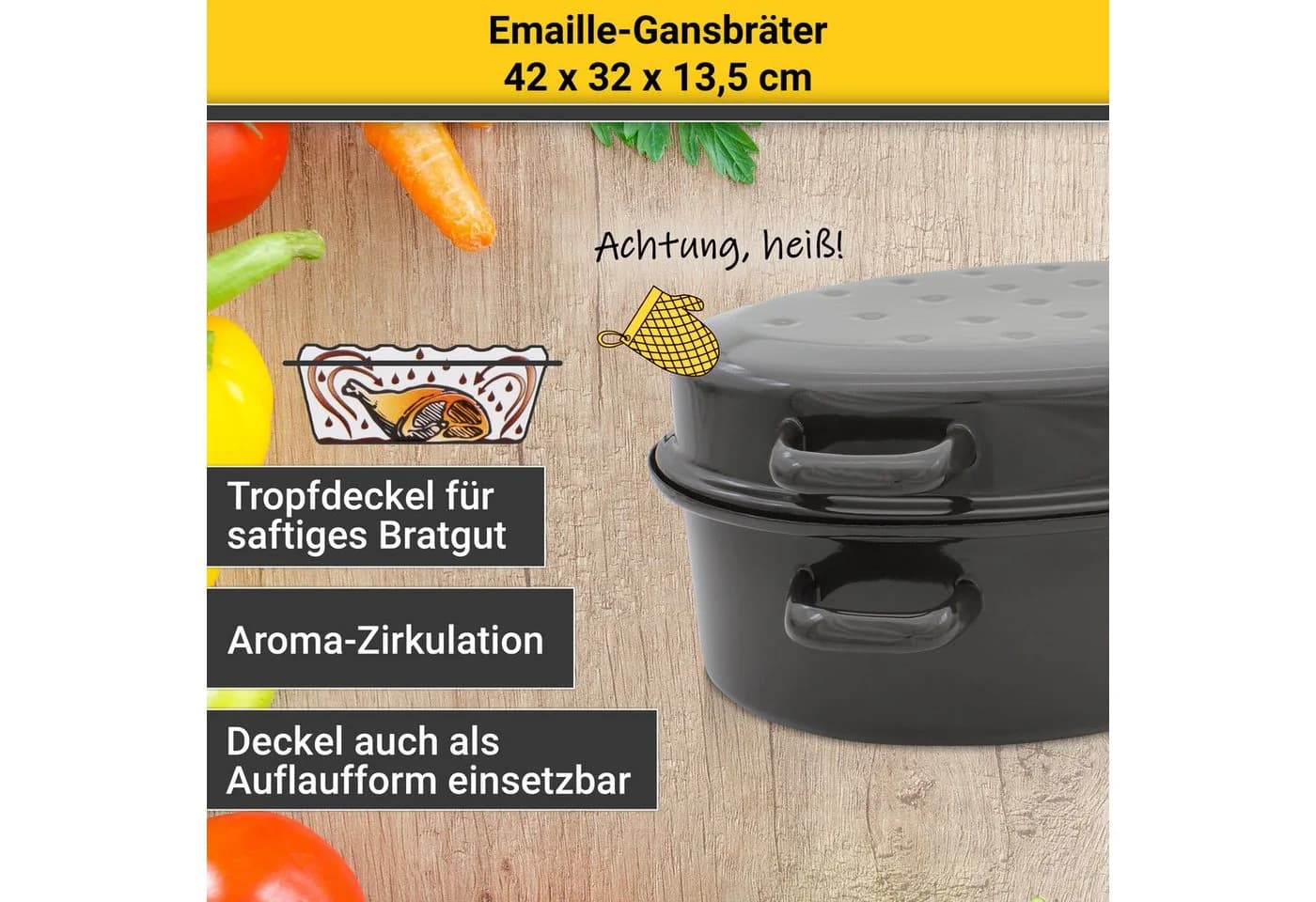 Krüger Gansbräter mit Tropfdeckel Emaille Schwarz