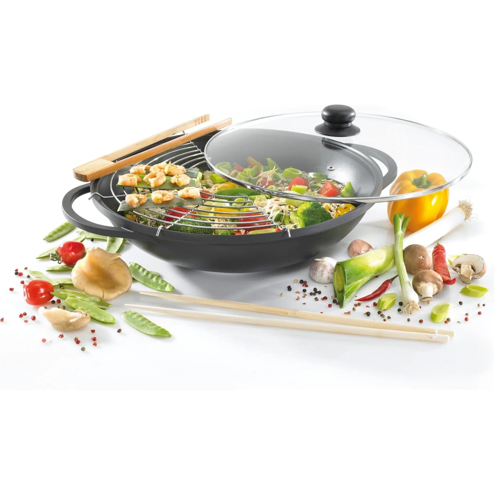 Aluguss-Wok Leipzig mit Glasdeckel und Zubehör