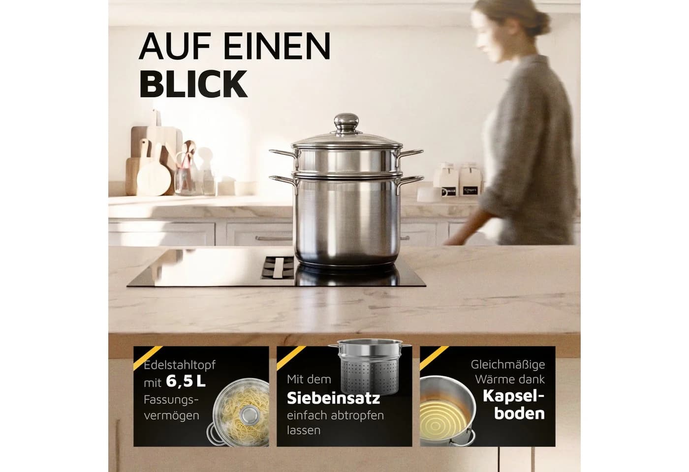 Krüger Spaghettitopf Edelstahl 18/0 Ø 24 cm mit Glasdeckel