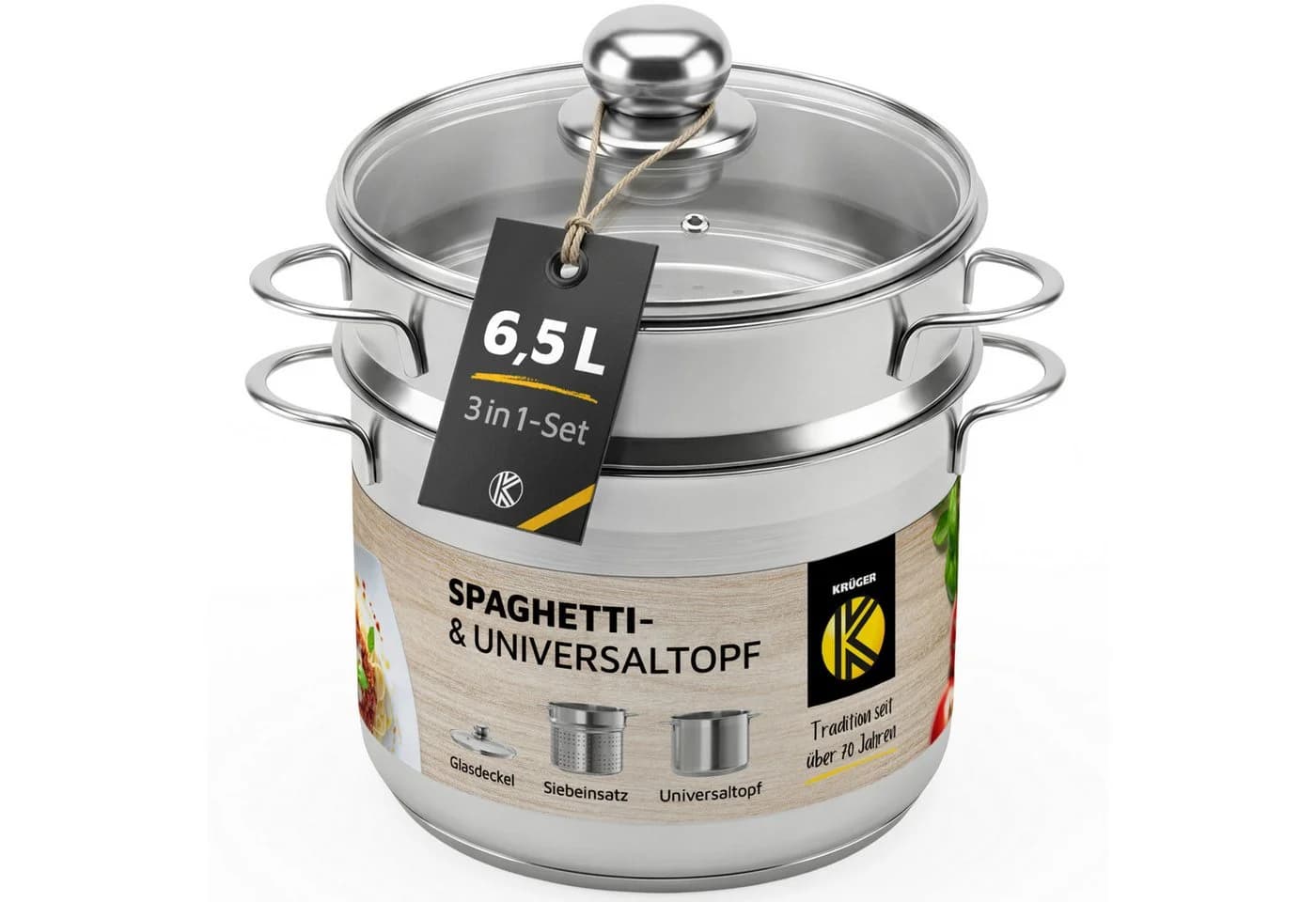 Krüger Spaghettitopf Edelstahl 18/0 Ø 24 cm mit Glasdeckel - Bild 2