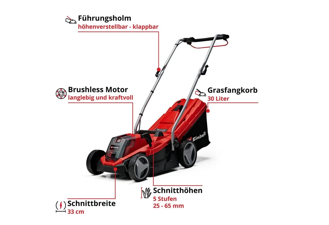 Einhell GE-CM 18/33 Li-Solo Akku-Rasenmäher Rot Brushless Motor - Bild 3