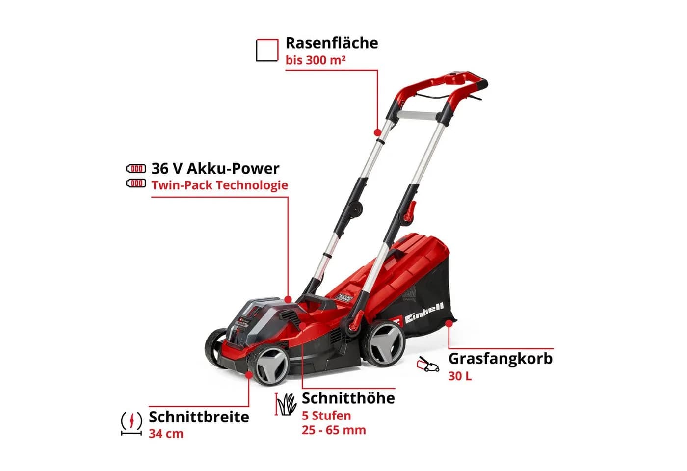 Einhell Akku-Rasenmäher RASARRO 36/34 Rot mit 2x Akku - Bild 3