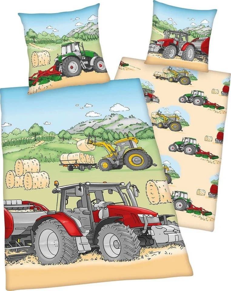 Herding Young Collection Kinderbettwäsche Traktor Bunt Flanell