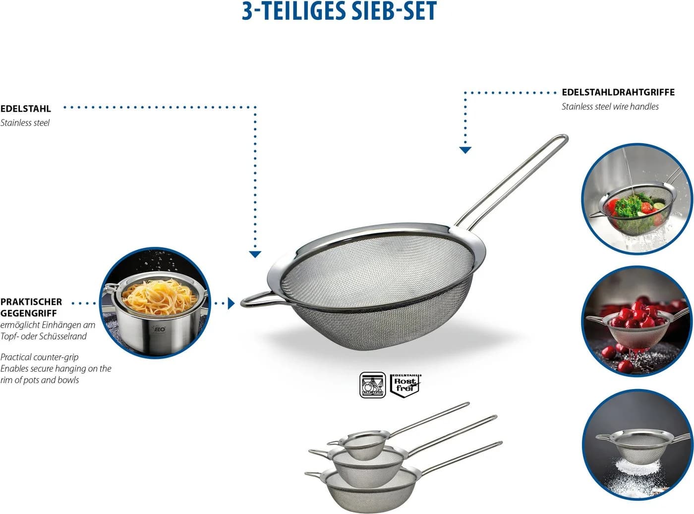 ELO BASIC Küchensieb-Set 3-tlg. Edelstahl Spülmaschinengeeignet