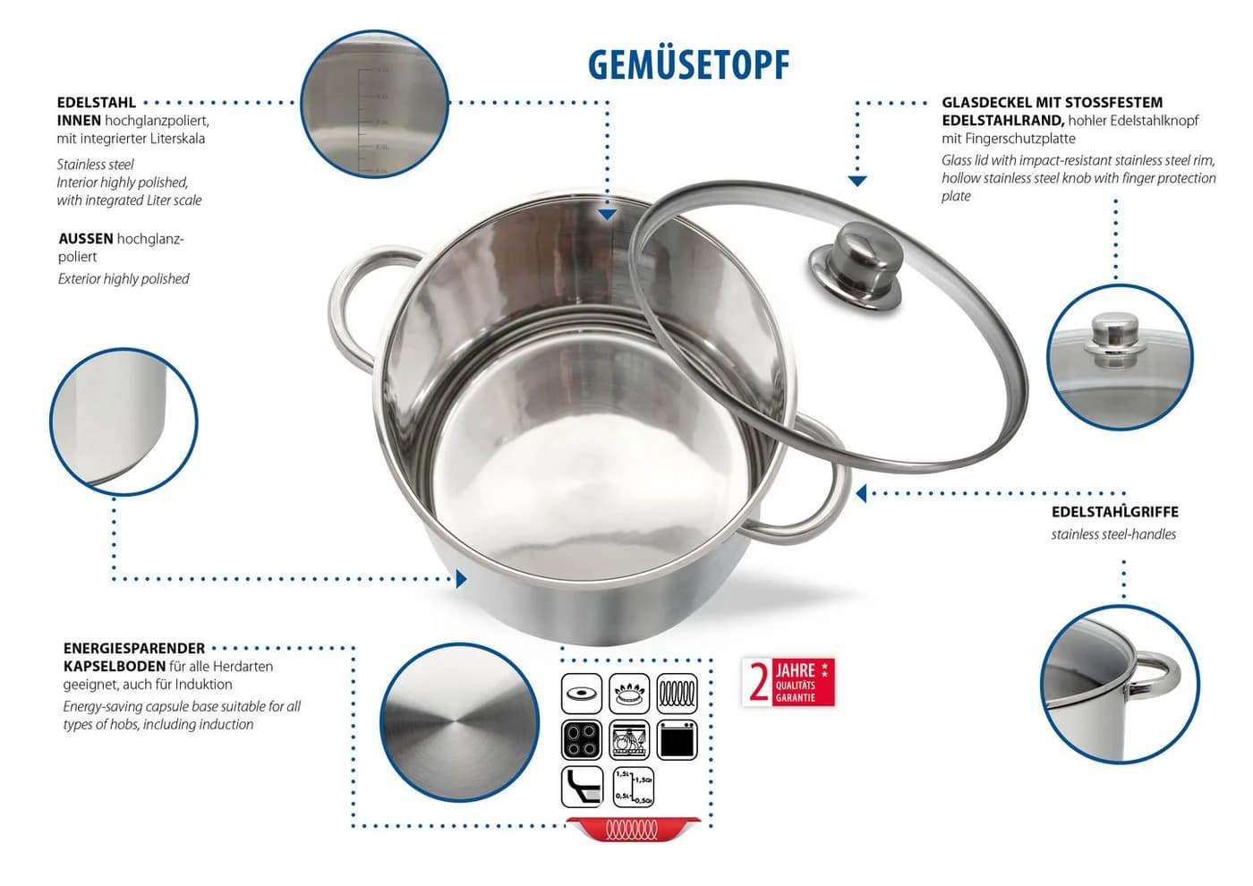Elo Basic Gemüsetopf Edelstahl mit Glasdeckel und Volumenskala - Bild 3