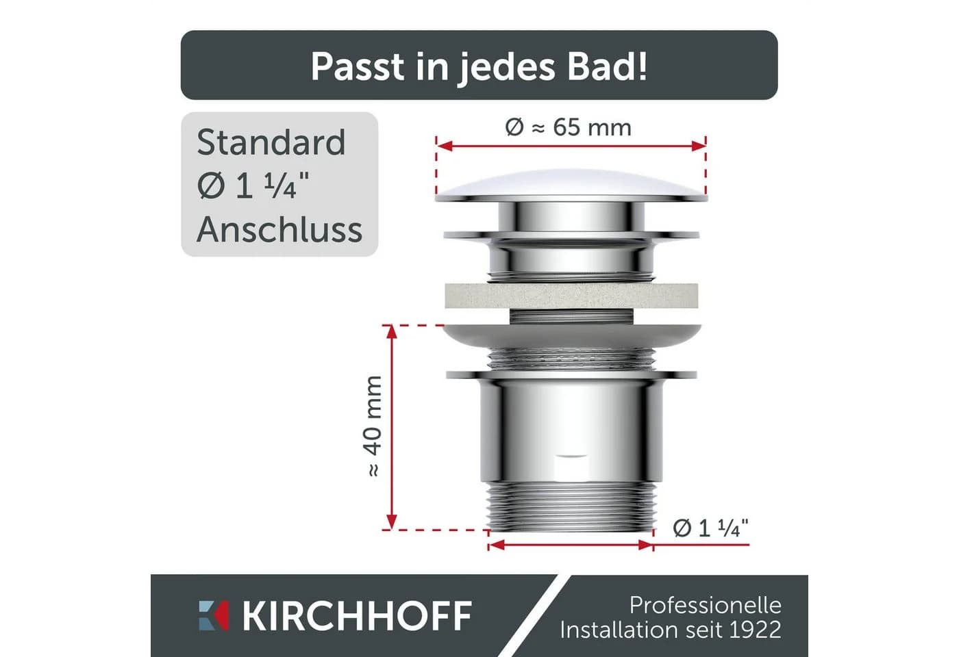 Kirchhoff Design-Ablaufventil mit Überlauf Chrom Push-Open - Bild 5