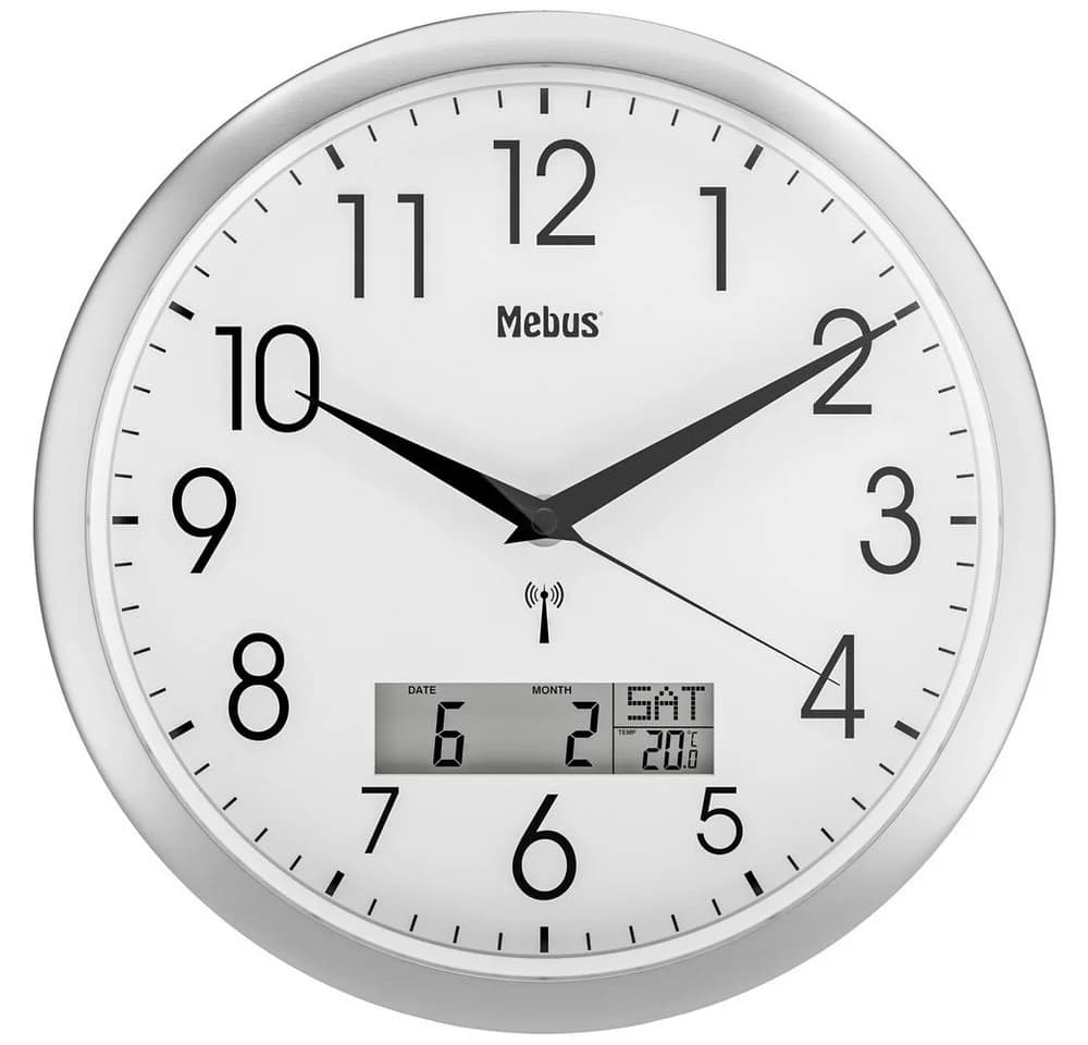 Mebus Funk Wanduhr 19422 Silber Weiß Digital Thermometer - Bild 2