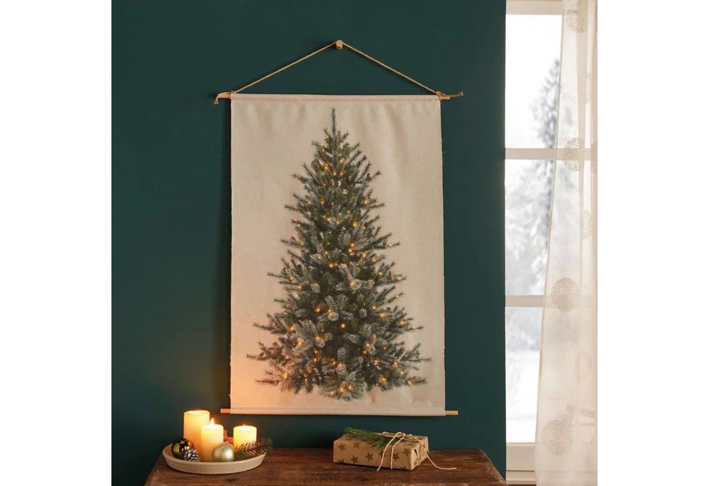 Frank Flechtwaren LED Wanddeko "Christbaum" aus Stoff Beige/Weiß
