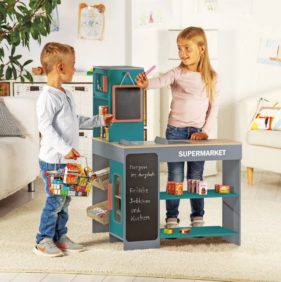 TANNER Moderner Supermarkt Kaufladen Holz Grau Türkis