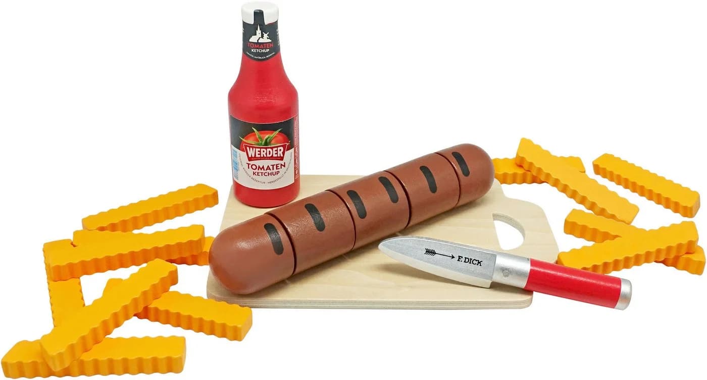 Tanner Spiellebensmittel Bratwurst zum Schneiden mit Pommes und Ketchup