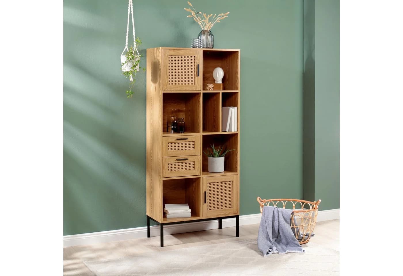 kamelshopping Standregal Rattan-Optik 2 Türen 2 Schubladen 6 Fächer