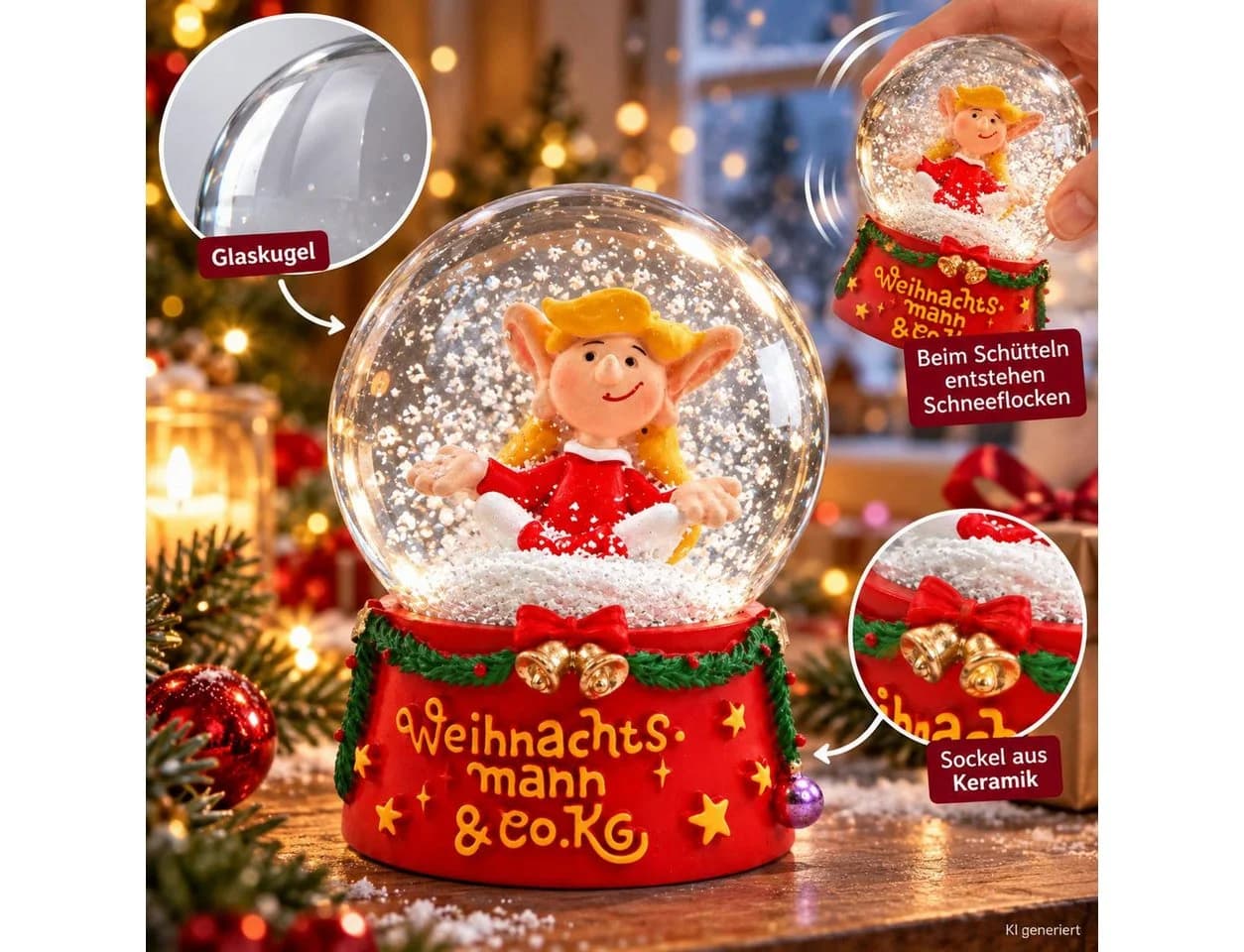 Wurm Schneekugel Trixi im Schneidersitz Glaskugel mit Schnee