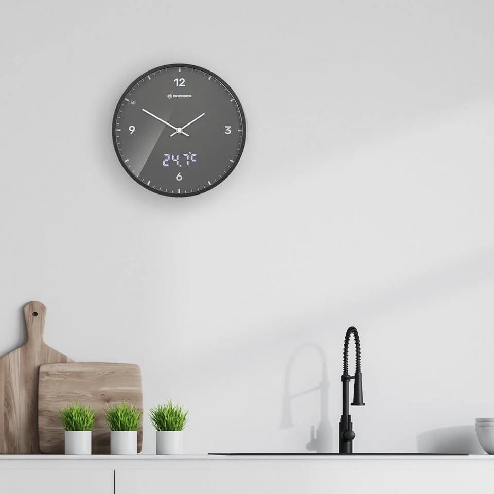 BRESSER MyTime LEDsec Wanduhr 24 cm Anthrazit Funkuhr mit Thermometer - Bild 4