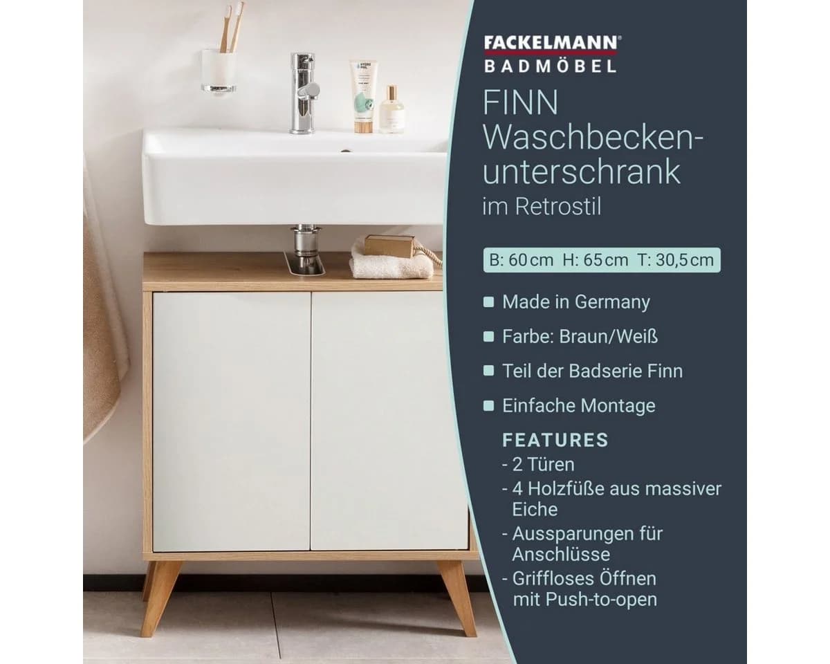 FACKELMANN Badmöbel-Set Finn 60 cm Weiß/Braun mit Füßen