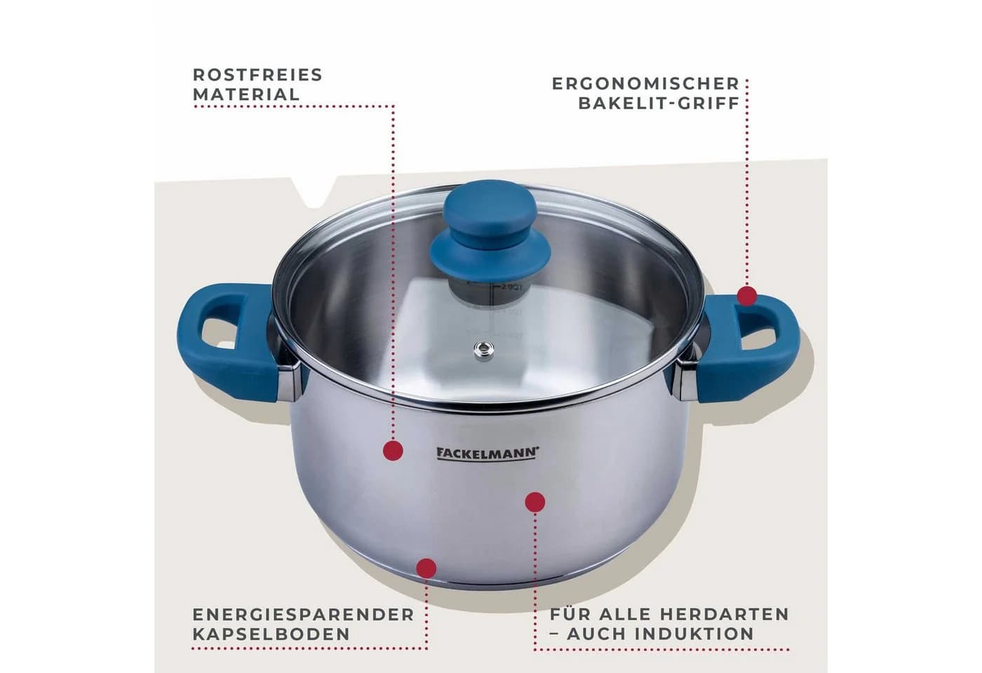 FACKELMANN Kochtopf Edelstahl 3,4L mit Glasdeckel Silber