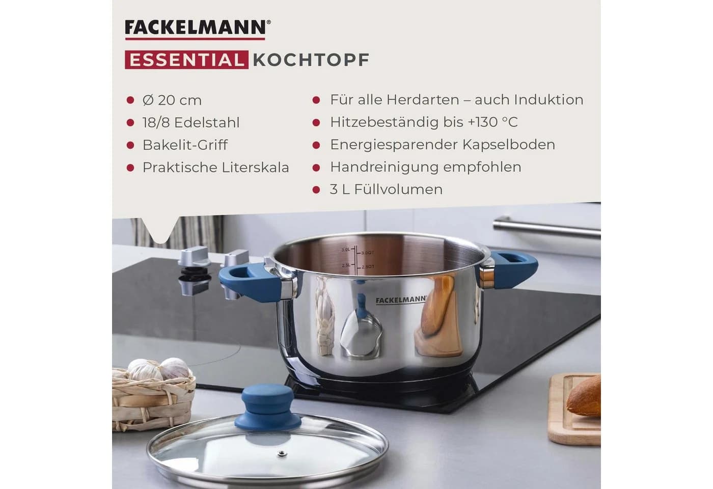 FACKELMANN Kochtopf Edelstahl 3,4L mit Glasdeckel Silber - Bild 3