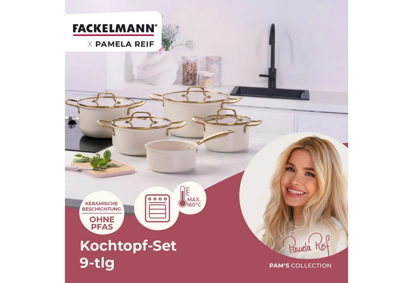 FACKELMANN Signature Kochtopf-Set 9-tlg. Beige/Gold Keramikbeschichtung