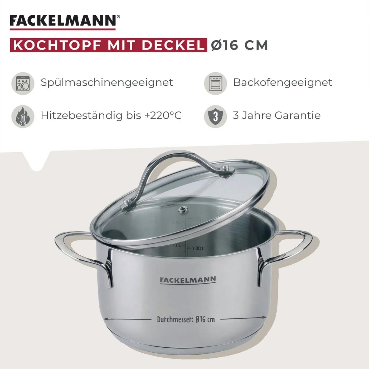 FACKELMANN Kochtopf mit Deckel, Edelstahltopf, Suppentopf, Saucenpot