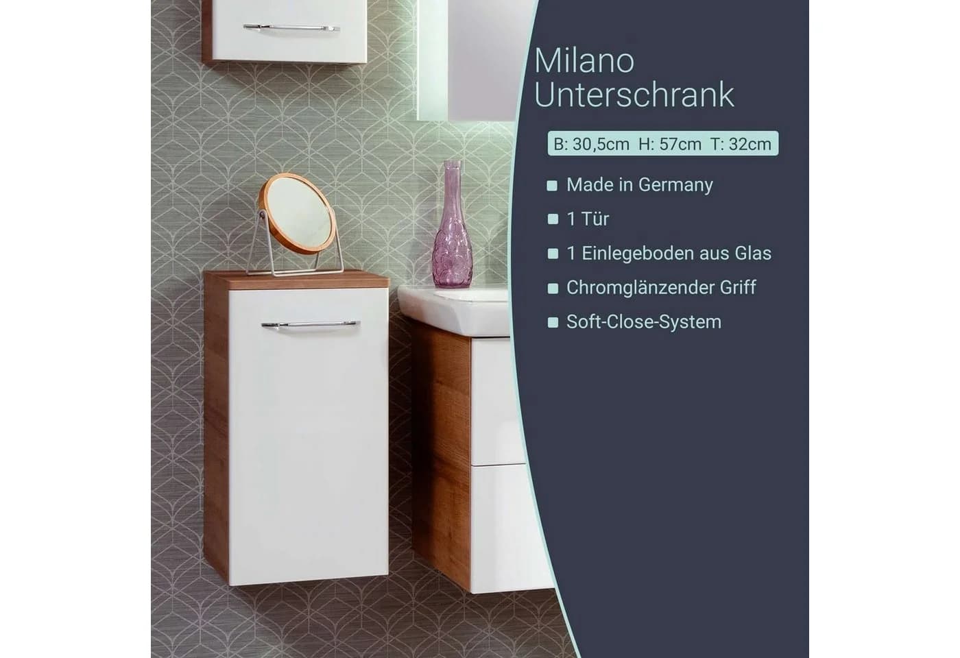 FACKELMANN Unterschrank MILANO Weiß Hochglanz Ast-Eiche-Optik