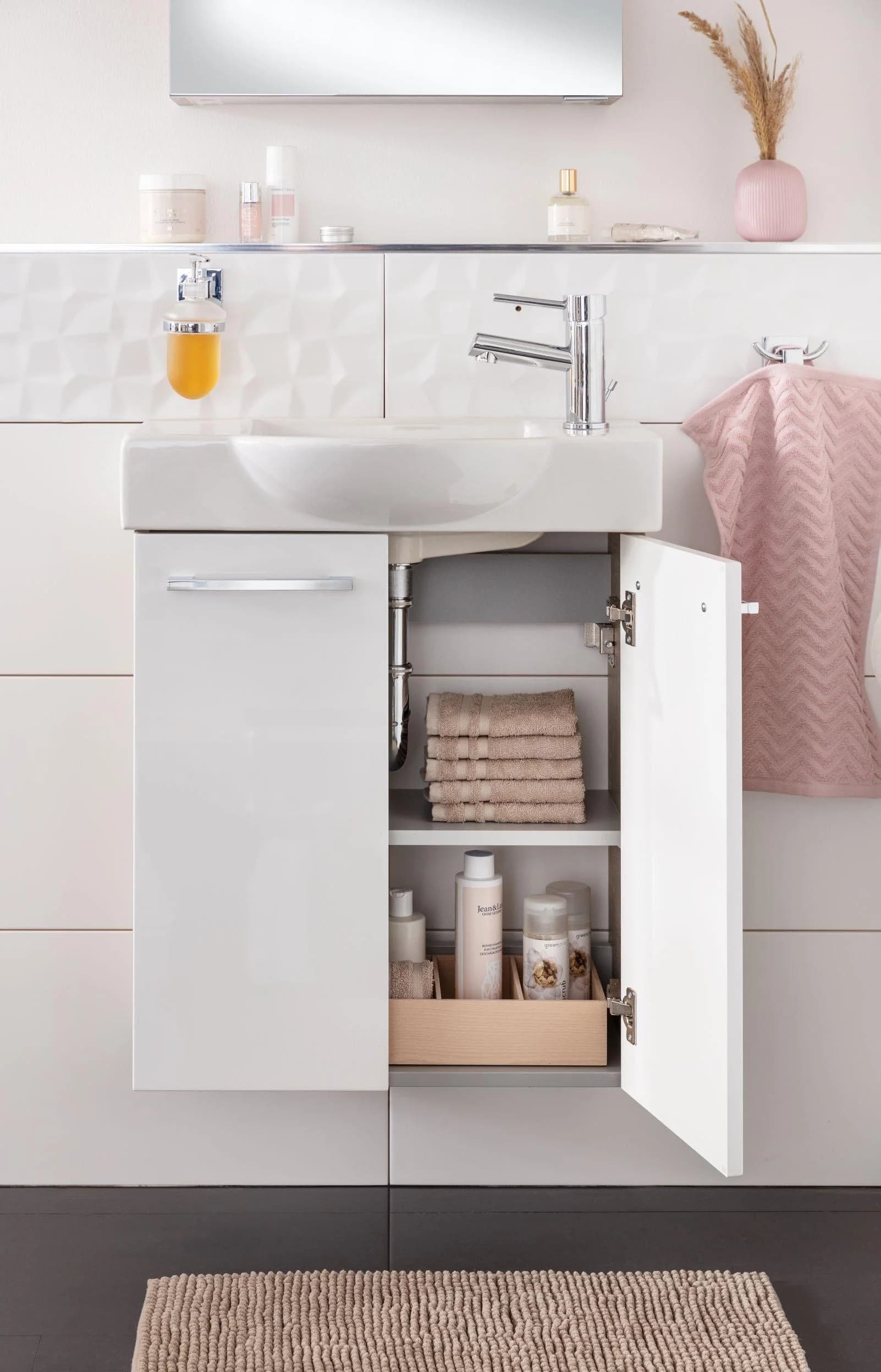 FACKELMANN SBC Waschbeckenunterschrank Weiß/Braun mit Soft-Close