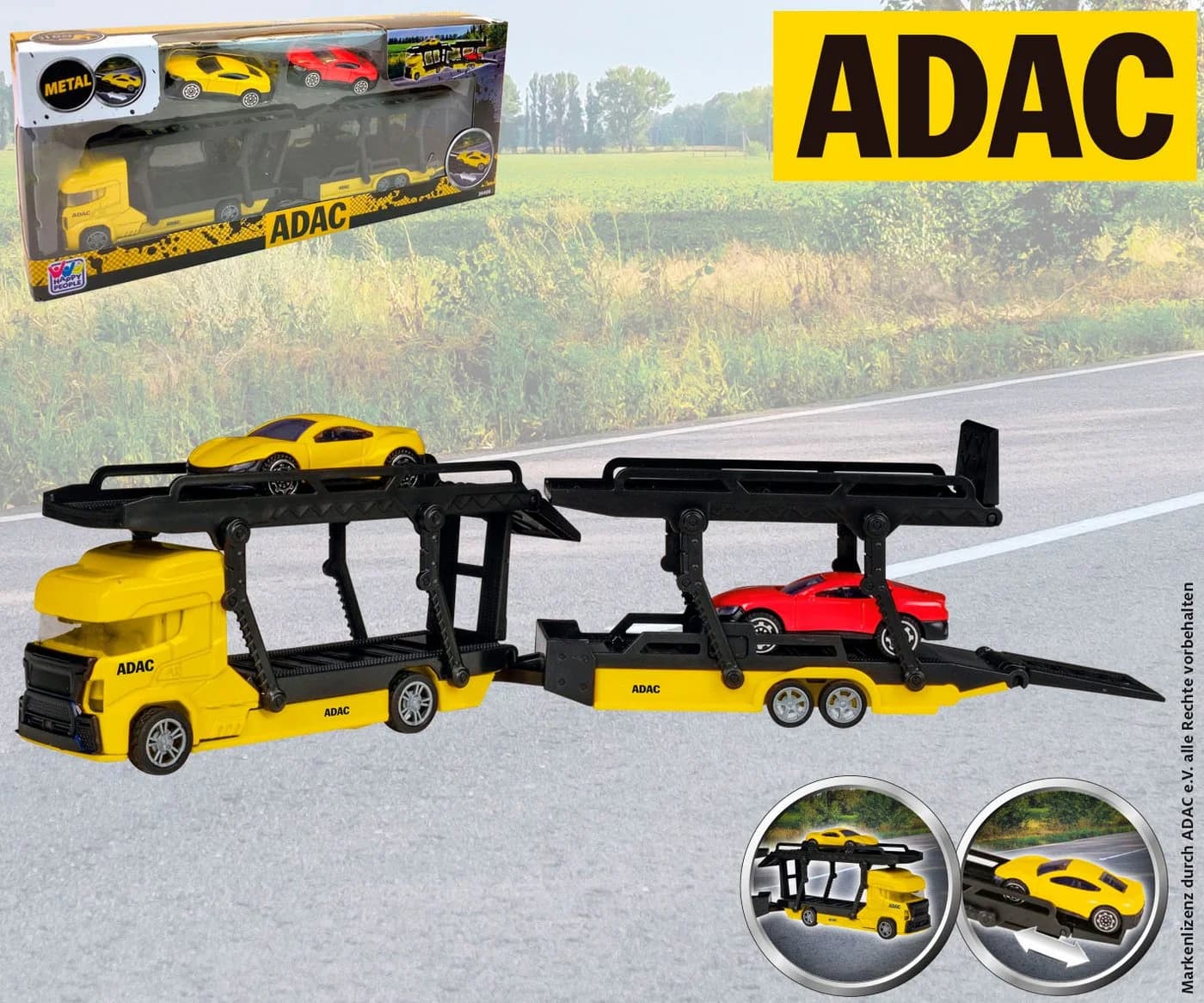 Happy People Spielzeug-Transporter ADAC Gelb Metallguss mit 2 Fahrzeugen - Bild 5