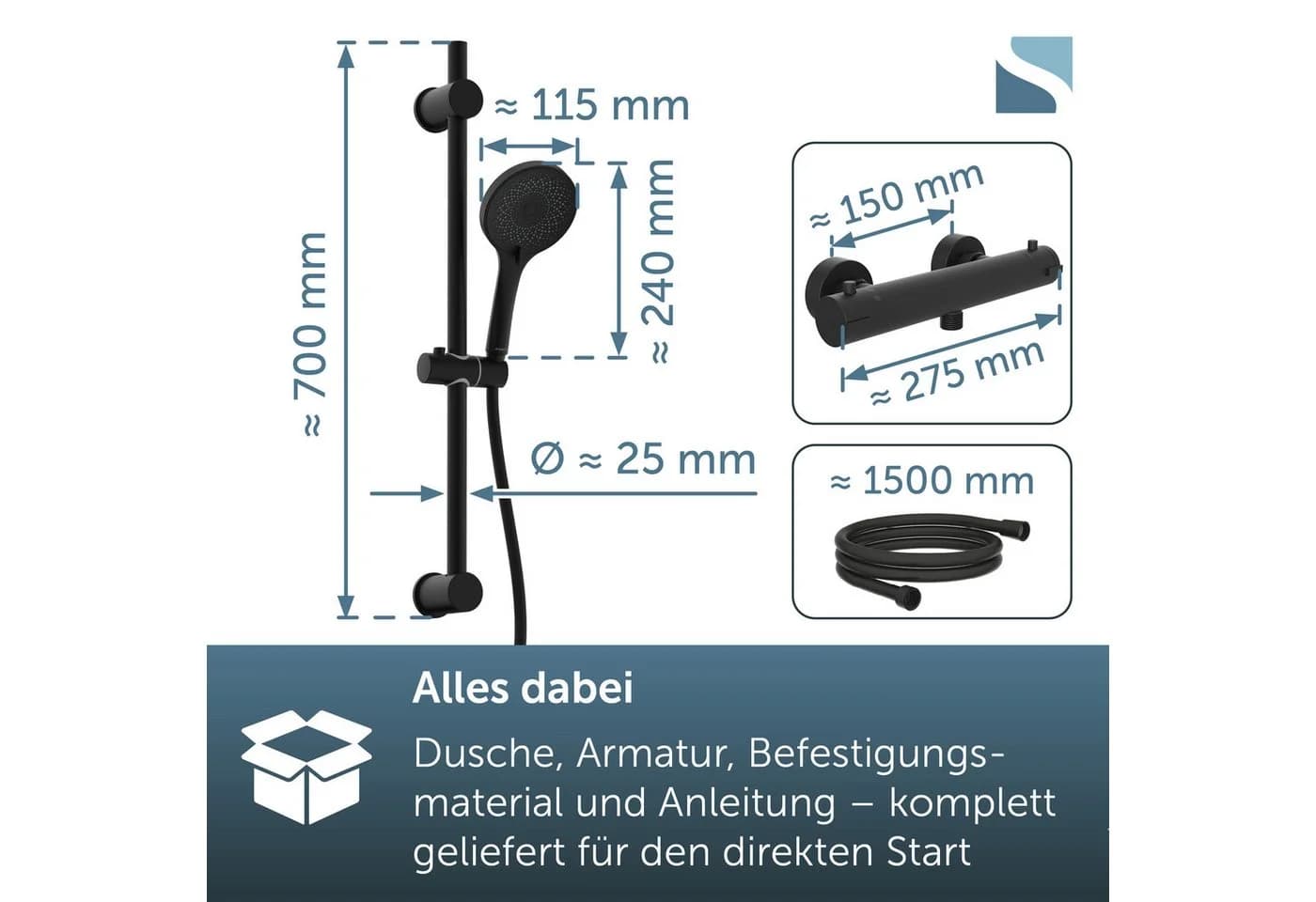 Schütte Duschsystem BLACK mit Thermostat und höhenverstellbarer Halterung - Bild 3
