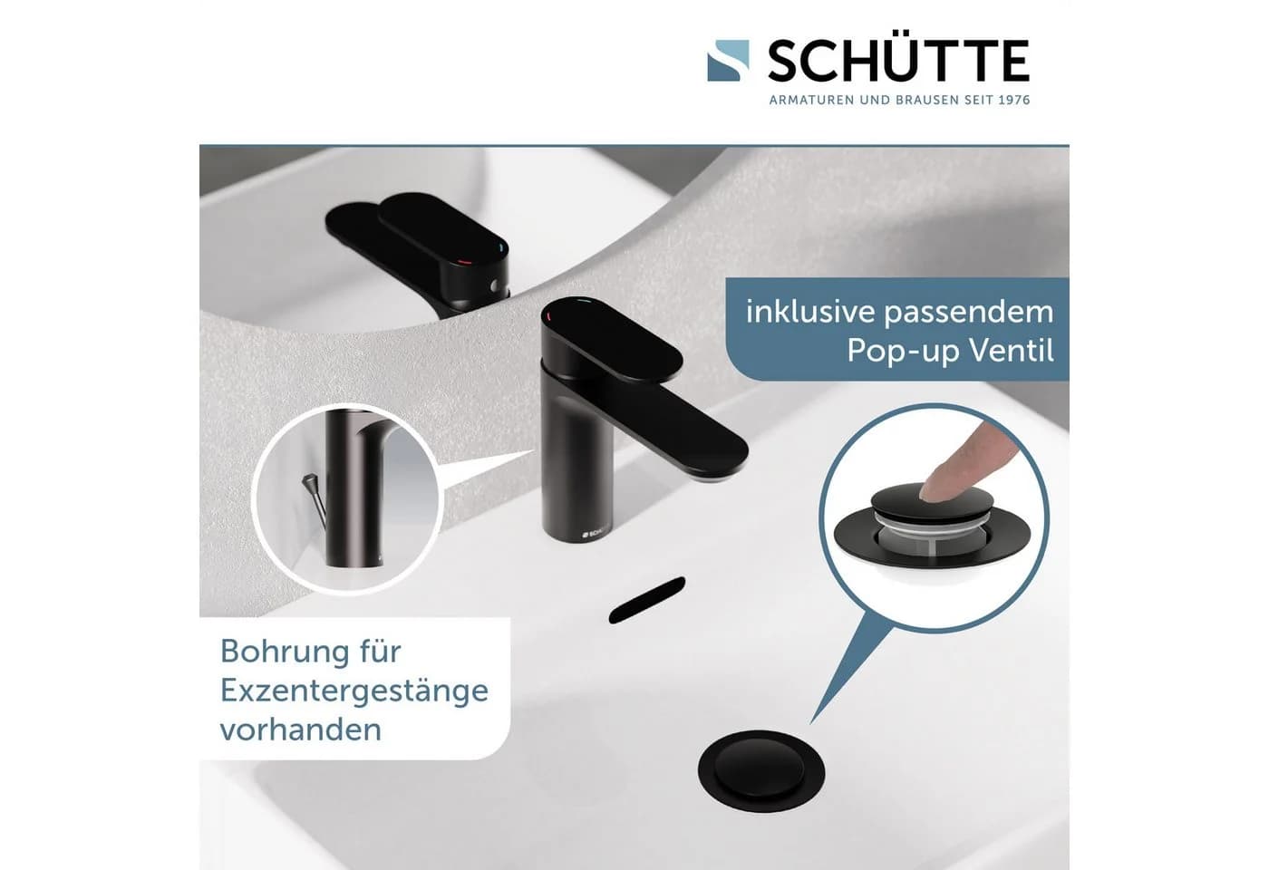 Schütte Waschtischarmatur MONTANA Schwarz Matt mit Pop Up Ablaufventil - Bild 4