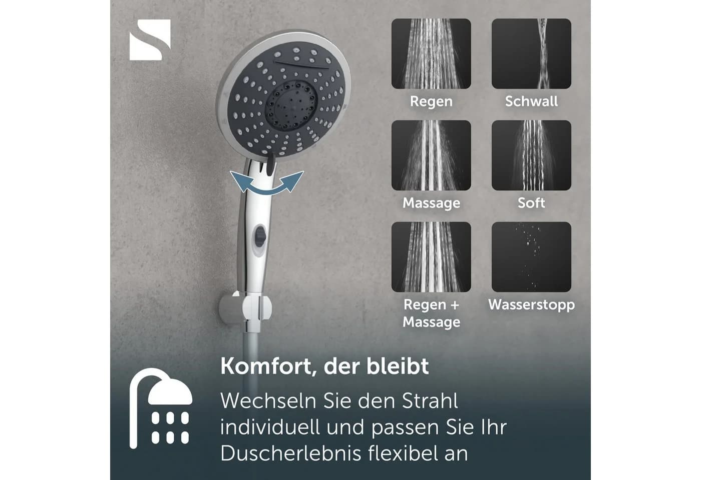 Schütte Handbrause Wasserfall Grau Chrom 5 Strahlarten - Bild 4