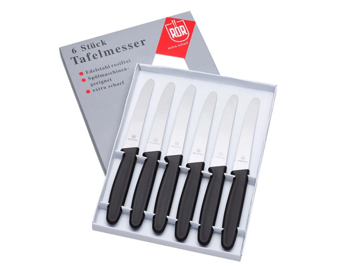 RÖR Tafelmesser Set 6 tlg. Wellenschliff Edelstahl Schwarz/Silber