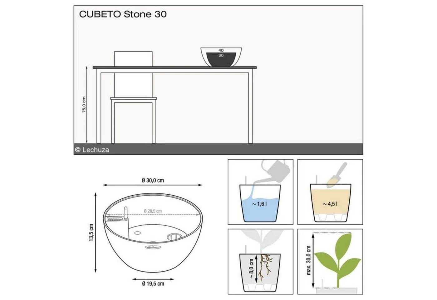 Lechuza Pflanzschale Cubeto Stone 30 Graphitschwarz mit Bewässerungssystem - Bild 3