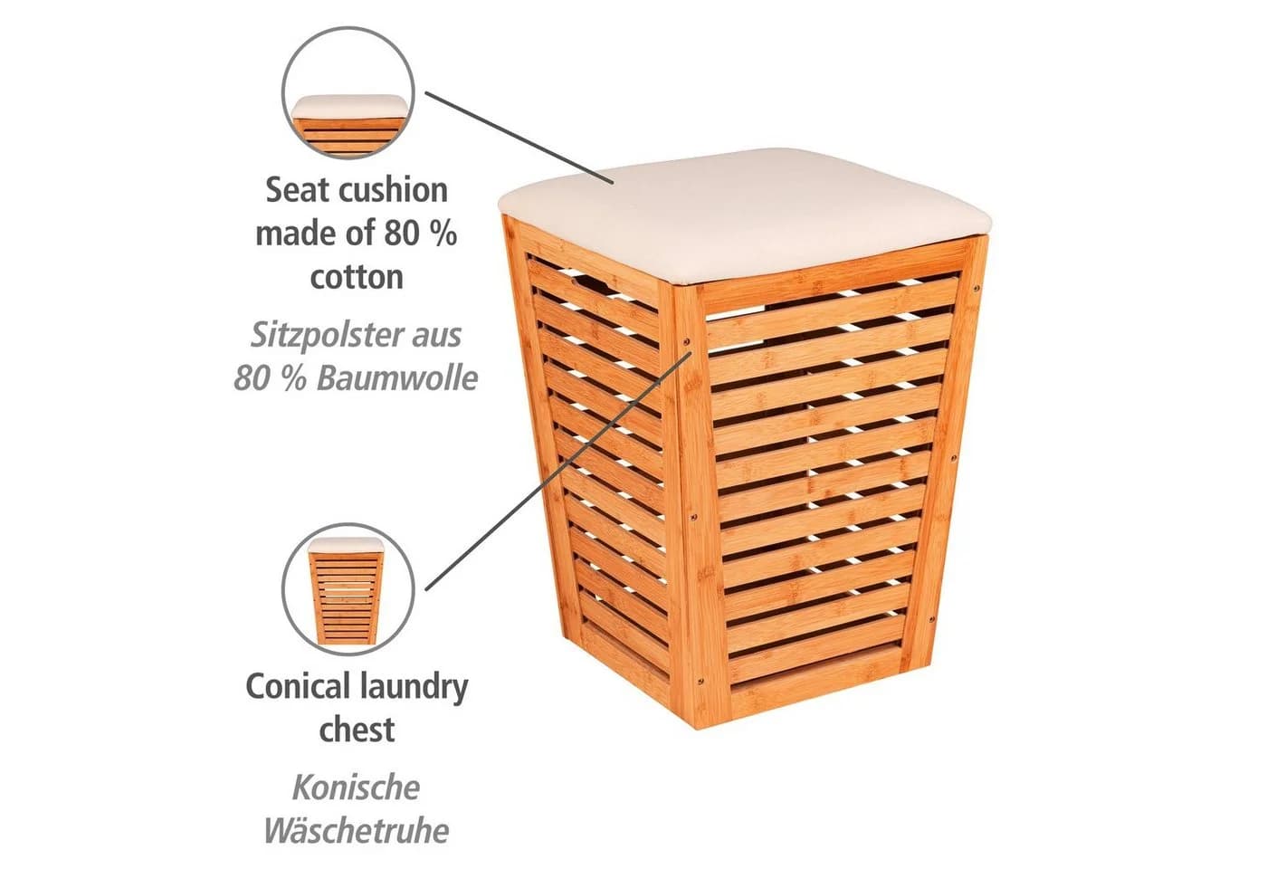 WENKO Wäschekorb Bambusa mit Sitzpolster Beige Natur - Bild 5