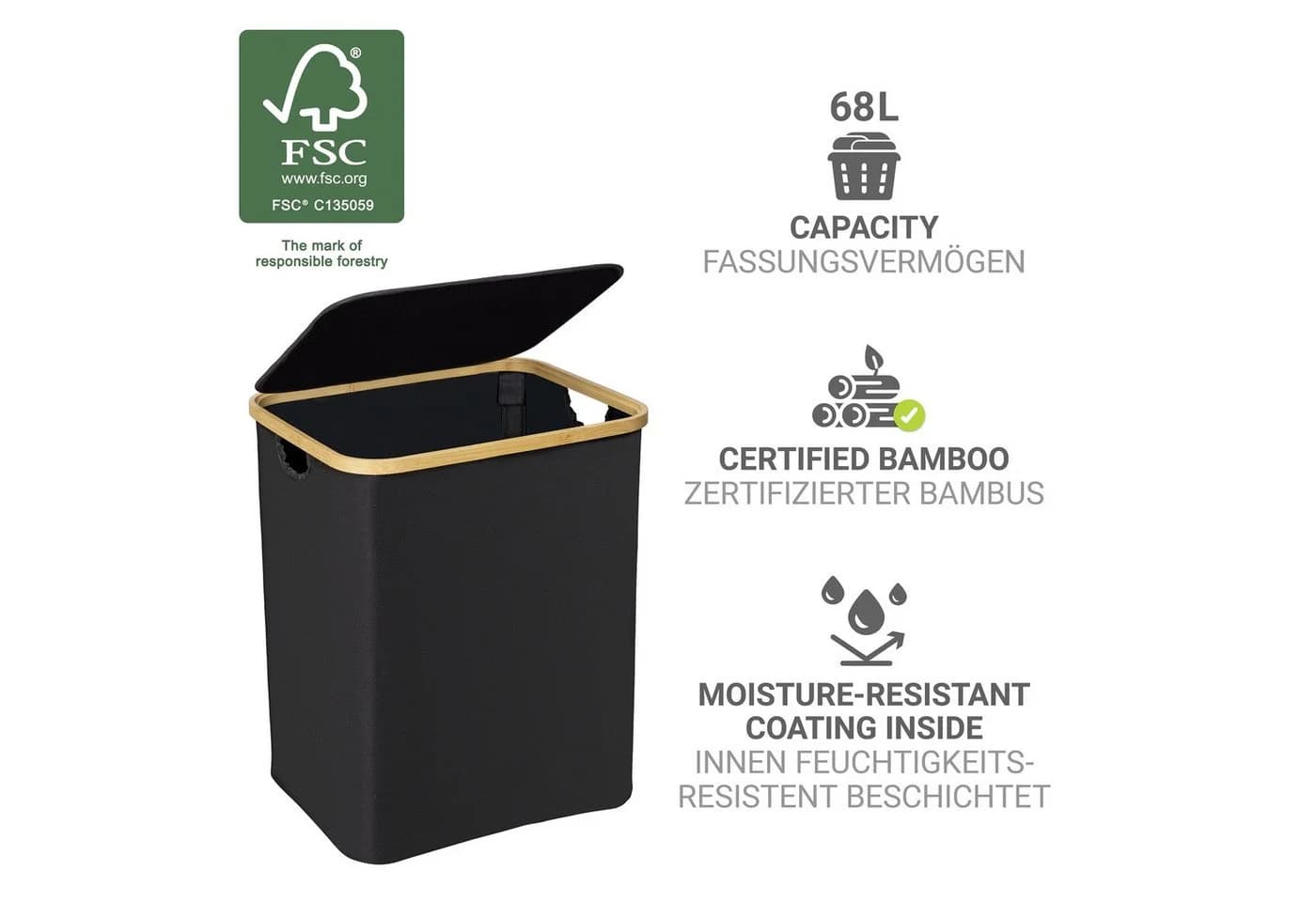 WENKO Wäschetruhe Ecori Schwarz Bambus Polyester - Bild 3
