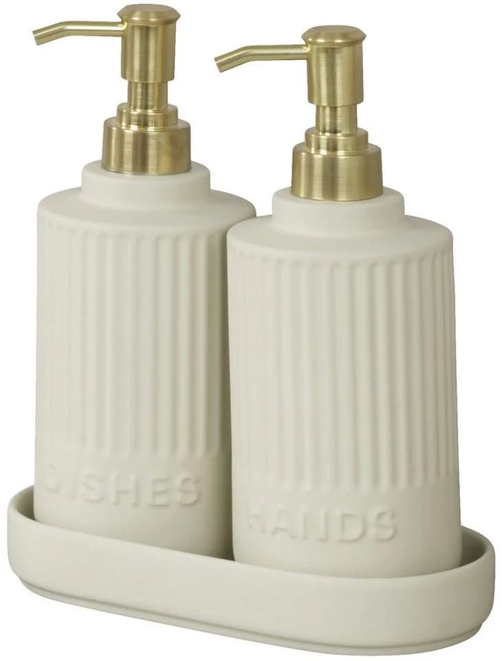 WENKO Seifenspender Modell Heidi, beige, Keramik, Dosierspender, Seifenspender, mit Tablett, Soft-Touch-Oberfläche - Bild 2